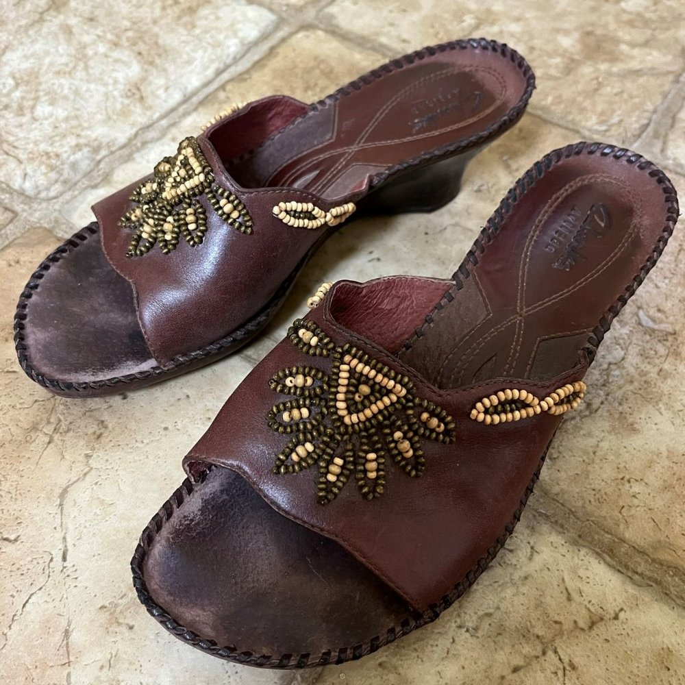 Clarks Artison Beaded Wedge Sandals - Brown Women's Size 9M
